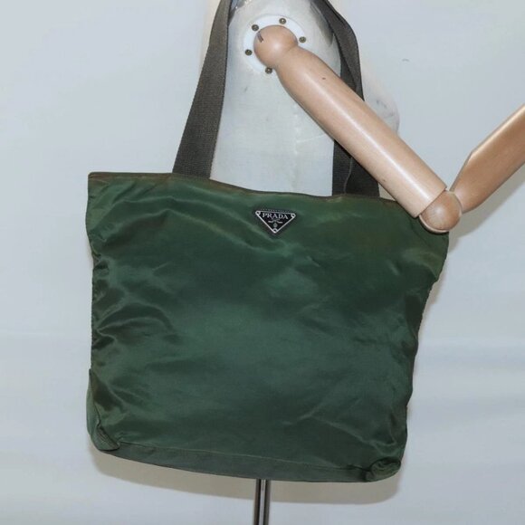 PRADA Shoulder Bag Nylon Khaki Silver Auth - Picture 1 of 16